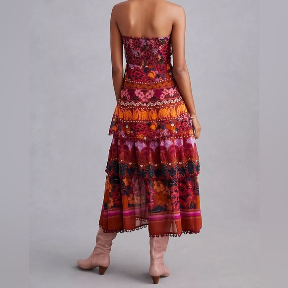 Farm Rio for Anthropologie Tiered Strapless Multicolor Midi Dress Size M - Picture 5 of 12